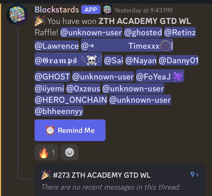 A Discord message from the Blockstars app announcing winners of the "ZTH ACADEMY GTD WL Raffle," listing tagged users and showing 1 fire reaction.
