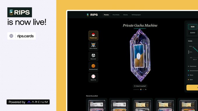 A promotional graphic announces "RIPS is now live!" with the URL rips.cards, powered by Arcium. The screenshot shows the RIPS platform interface featuring a "Private Gacha Machine" with crypto-themed collectibles including a Pokémon, One Piece, SkullBall, Basketball, and Sports cards, along with odds displayed (Common, Uncommon, Rare, Epic) and $25/$250 price tiers—illustrating how Collector Crypt and Arcium's partnership brings privacy-enhanced onchain collecting to users.