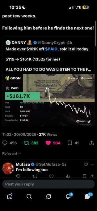A screenshot of a social media post about cryptocurrency gains, showing someone claiming to have made $161K off the $PAID token, with a chart displaying a price crash.