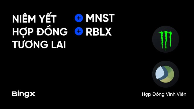 A black graphic features the Vietnamese text 'NIÊM YẾT HỢP ĐỒNG TƯƠNG LAI' with '+MNST' and '+RBLX', alongside Monster energy and BingX logos, and the text 'Hợp Đồng Vĩnh Viễn'.