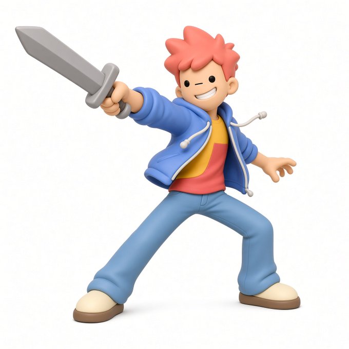 A 3D rendered cartoon character with pink hair wearing a blue hoodie and jeans, posed in an action stance holding a gray sword.