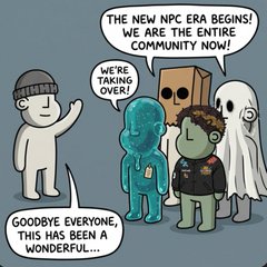 A cartoon shows several characters including a ghost and a figure in a suit, with text reading 'THE NEW NPC ERA BEGINS! WE ARE THE ENTIRE COMMUNITY NOW!' and 'WE'RE TAKING OVER!' and 'GOODBYE EVERYONE, THIS HAS BEEN A WONDERFUL...'