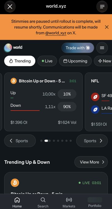 A mobile screenshot of a prediction market platform called "world.xyz" displaying a "Bitcoin Up or Down - 5 min" market with a 3:01 timer, showing "Up" at 10% and "Down" at 90%.
