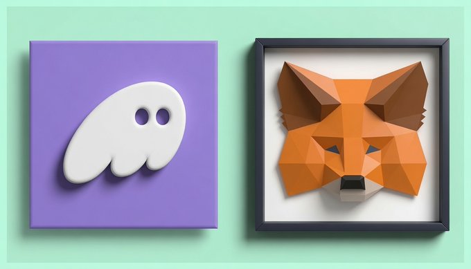 Two framed low-poly 3D art pieces: a purple canvas with a white ghost shape and a black frame featuring an orange fox head.
