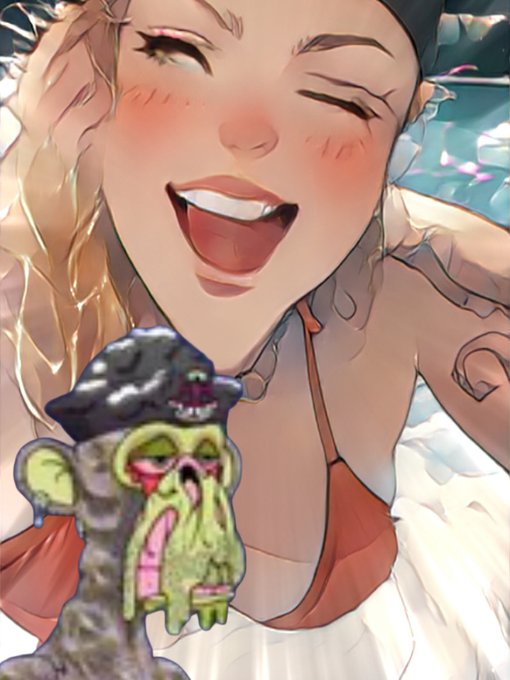 An animated/illustrated image of a laughing woman in an orange bikini top, with a cartoon pirate skeleton character in the foreground.