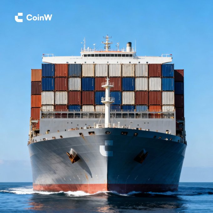 A head-on view of a large container ship sailing through the ocean under a clear blue sky, with the CoinW logo displayed in the top left corner.