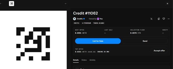 A screenshot of a cryptocurrency NFT marketplace interface showing 'Credit #11062' from ERC721 Ethereum Token #11062 with a 'List for Sale' button and current price of 0.0281 WETH.