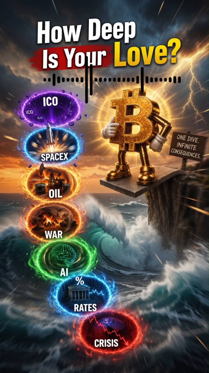ICO, Spacex, petróleo, guerras, IA, juros e crise are all listed below a gold Bitcoin character. The post suggests that Bitcoin is not worth anything and should be avoided at all costs.