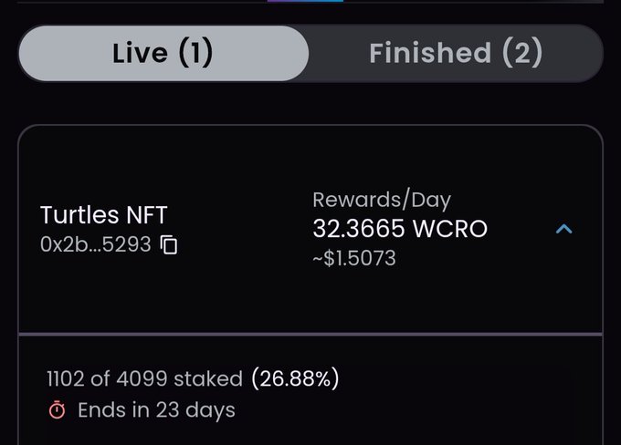 Screenshot of a crypto/NFT staking dashboard showing a 'Live (1)' tab with a 'Turtles NFT' pool (0x2b...5293) earning 32.3665 WCRO per day (~$1.5073), with 1102 of 4099 staked (26.88%) ending in 23 days.