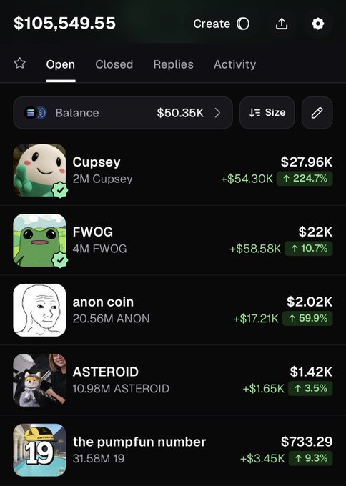 A mobile screenshot shows a crypto portfolio on Pump.fun with a total balance of $105,549.55, featuring holdings in Cupsey ($27.96K, up 224.7%), FWOG ($22K), anon coin ($2.02K), ASTEROID ($1.42K), and the pumpfun number ($733.29). The image illustrates the poster's Pump.fun wallet gains, supporting their claim that the platform has been life-changing ahead of the bull run.