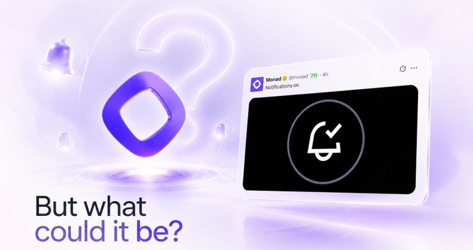 A purple-themed teaser graphic features a large question mark and notification bell icons alongside a mock social media post from "Monad @monad_711," with the text "But what could it be?" appearing below. The image illustrates speculation about Monad's cryptic "Notifications on" announcement, playing into the post's postmortem analysis of whether it signals a new product, an onchain airdrop, or something else entirely.