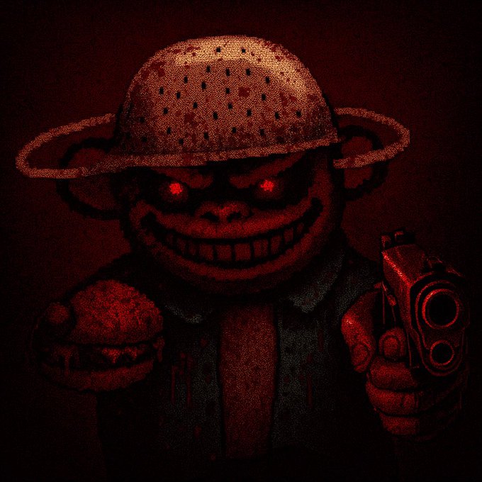 A sinister, blood-red puppet wearing a straw hat and wielding a pistol glares with glowing crimson eyes, embodying the menacing aesthetic of the Bitcoin Puppets NFT collection that has come to "take over" timelines. The grainy, horror-styled artwork aligns with the project's dark parody of innocent puppet imagery to evoke unease.