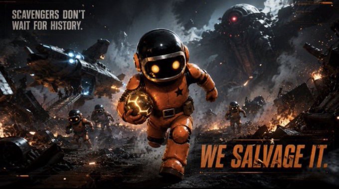 A sci-fi themed promotional image shows an astronaut running through a battlefield with the text 'SCAVENGERS DON'T WAIT FOR HISTORY. WE SALVAGE IT.'