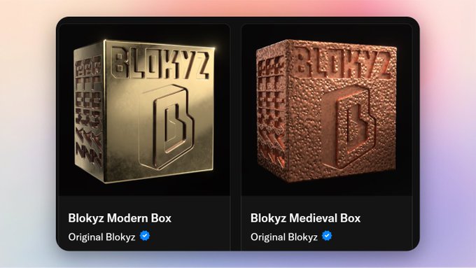 Two 3D-rendered boxes labeled "Blokyz Modern Box" (gold finish) and "Blokyz Medieval Box" (bronze textured finish), both verified as "Original Blokyz".