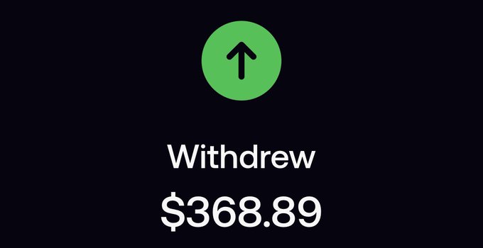 A dark-themed graphic with a green circle containing an upward arrow displays the text "Withdrew $368.89," humorously highlighting a modest payout in contrast to the poster's caption about losing money on a pump-and-dump scheme.