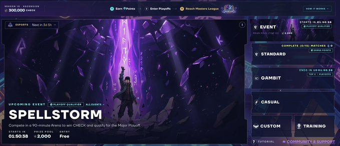 The image shows the Anichess Spellstorm event page, featuring a dark, crystalline visual with a character beneath a glowing purple "ANICHESS" banner, highlighting a free 90-minute 1v1 event offering 2,000 $CHECK and Playoff Pool qualification starting in 1 hour, 50 minutes. It visually previews the Thursday Spellstorm tournament described in the promotional post.