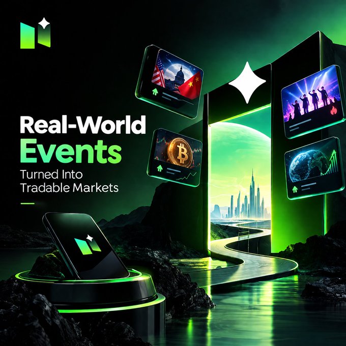 A promotional graphic reading 'Real-World Events Turned Into Tradable Markets' featuring futuristic glowing cards with political flags, Bitcoin, and Earth imagery, branded with an 'M' logo.