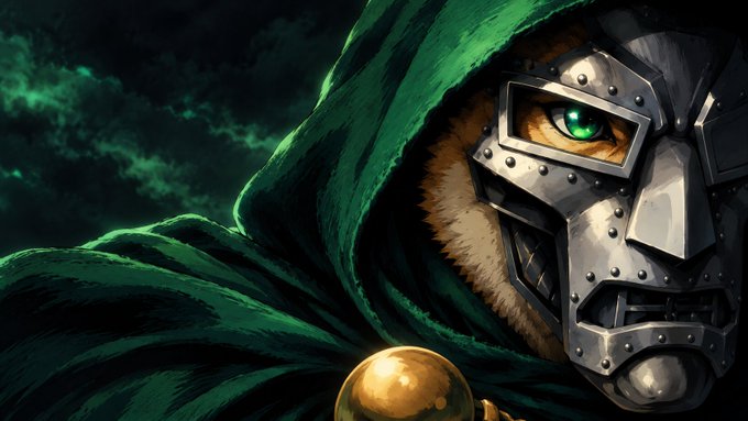 A close-up fantasy illustration of a figure in a dark green hood wearing riveted metal armor, revealing one striking green eye, holding a golden orb against a stormy green sky.