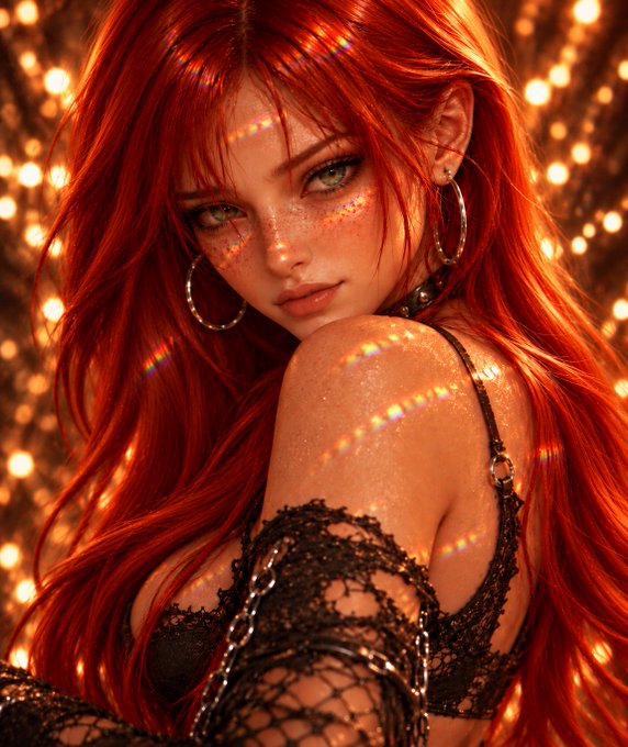 A vibrant digital artwork of a woman with flowing red hair, green eyes, and freckles, wearing large gold hoop earrings and a black lace top, illuminated by rainbow prismatic light streaks against a bokeh background.