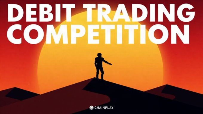 A bold graphic with white text reading 'DEBIT TRADING COMPETITION' set against a stylized orange and red sunset with the silhouette of a figure standing on a rocky peak, branded with a 'CHAINPLAY' logo at the bottom.