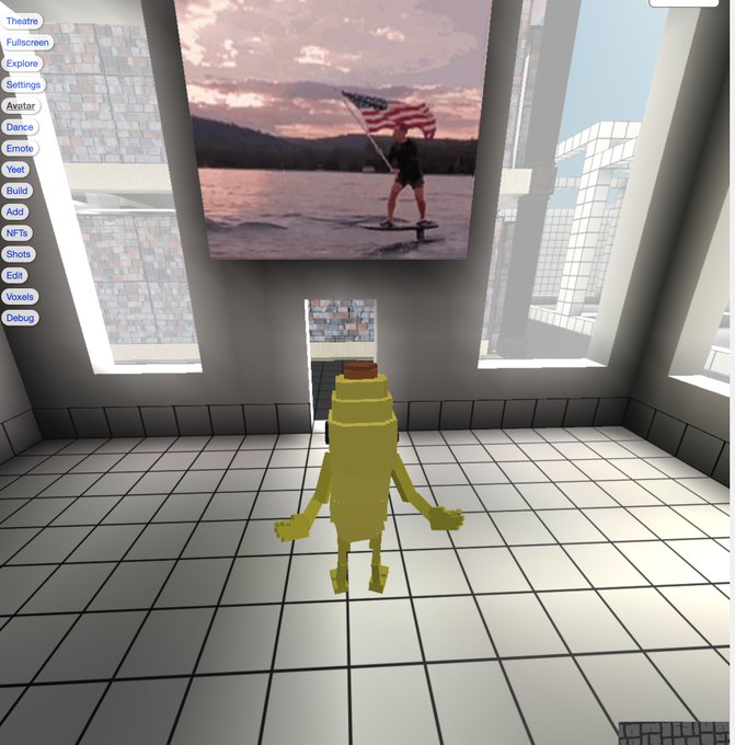 A screenshot of a video game or virtual environment showing a yellow blocky character in a tiled room with a large screen displaying someone paddleboarding with an American flag at sunset, and a menu on the left side.