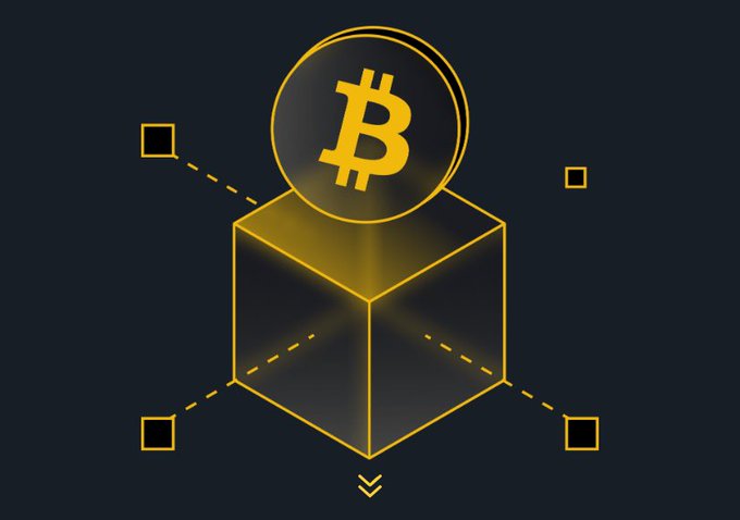 A stylized gold Bitcoin logo resting on top of an isometric gold-outlined box with dashed lines, set against a dark blue background.