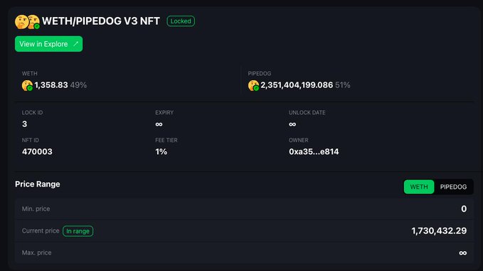 The image shows a WETH/PIPEDOG V3 NFT liquidity lock interface displaying 1,358.83 WETH (49%) and 2,351,404,199,086 PIPEDOG (51%) locked with no expiry date, a lock ID of 3, and a current WETH price of 1,730,432.29 in range. This directly corresponds to the post confirming that 1,358.83 ETH has been locked indefinitely for the $pipedog token on Robinhood Chain.