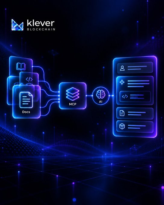 A digital graphic for 'klever BLOCKCHAIN' showing a glowing blue and purple diagram connecting 'Docs', 'MCP', and 'AI' icons with various document and user interface elements on a futuristic tech background.
