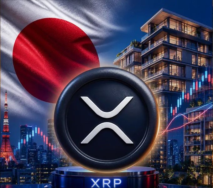 A promotional graphic displaying the XRP cryptocurrency logo in front of the Japanese flag, Tokyo Tower, a modern apartment building, and an upward-trending stock chart.