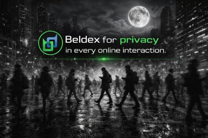 A dramatic dark cityscape at night with a full moon, featuring the Beldex logo and the slogan 'Beldex for privacy in every online interaction.'
