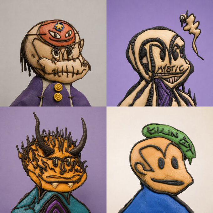Four hand-drawn fantasy character illustrations on colored backgrounds, including figures labeled "MYSTIC" and "Talkin' Evil."
