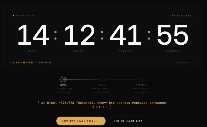 The image shows an eCash Alpha countdown timer displaying 14 days, 12 hours, 41 minutes, and 55 seconds until the scheduled software release on October 9, 2026 (based on the November 2026 timeframe shown). The page highlights that at block ~973,728 (mainnet), every BTC address will receive permanent $ECX at a 1:1 ratio, confirming this is a Bitcoin fork countdown for the eCash (ECX) airdrop.