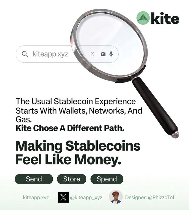 A promotional graphic for 'Kite' (kiteapp.xyz) with the headline 'Making Stablecoins Feel Like Money,' featuring a magnifying glass over a search bar and a tagline about moving away from the usual wallet and gas experience.