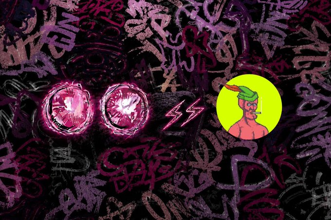 A vibrant, graffiti-style digital artwork with dark purple and pink scribbles in the background, featuring two glowing pink circular shapes, white lightning bolts, and a yellow circle containing a tribal figure with a green leaf on its head.