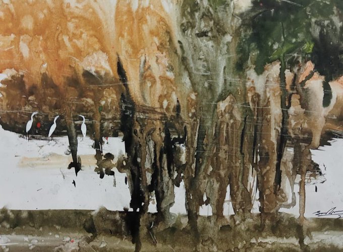 A watercolor and ink painting depicting an abstract autumnal scene with vertical brown tree trunks, warm orange foliage, and small white birds perched on a branch, signed in the lower right corner.