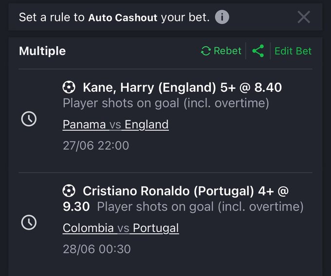 A betting interface shows an Auto Cashout rule for a multiple bet, including wagers on Harry Kane (England) 5+ player shots on goal at 8.40 odds in the Panama vs England match on 27/06 at 22:00, and Cristiano Ronaldo (Portugal) 4+ at 9.30 odds in Colombia vs Portugal on 28/06 at 00:30. The image relates to the accompanying post by highlighting a high-risk parlay bet on star players, suggesting the user is seeking to "walk" with significant winnings.