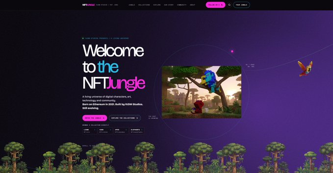 A website landing page with the headline 'Welcome to the NFTJungle', featuring a jungle scene and pixel art trees along the bottom.