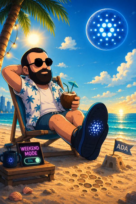 An illustration depicts a bearded man in sunglasses relaxing in a beach chair, holding a coconut drink, with 'ADA' on a sandcastle flag and a tablet displaying 'WEEKEND MODE ON'.
