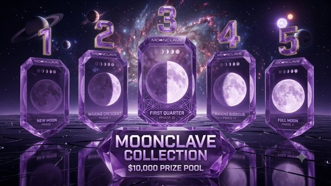 A promotional banner for 'MOONCLAVE COLLECTION' with a $10,000 PRIZE POOL displays five crystalline purple NFT cards labeled 1-5, representing the lunar phases: New Moon, Waxing Crescent, First Quarter, Waxing Gibbous, and Full Moon.