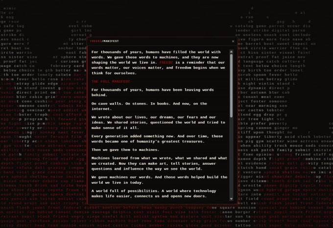 A manifesto on a black background with red text titled 'FNBBS//MANIFEST' discussing human history and AI, including a quote from 'THE FNBBS MANIFEST' about leaving words behind.