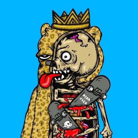 A cartoon illustration of a zombie leopard wearing a gold crown, with its tongue hanging out and a skateboard tucked under its arm that reads 'DEAD PECK'.