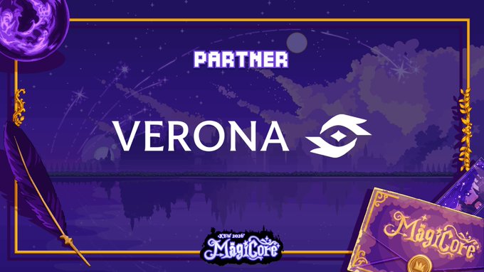 A partner announcement graphic for 'VERONA' with a logo, set against a purple magical night sky background for the New 2026 MagiCore event.