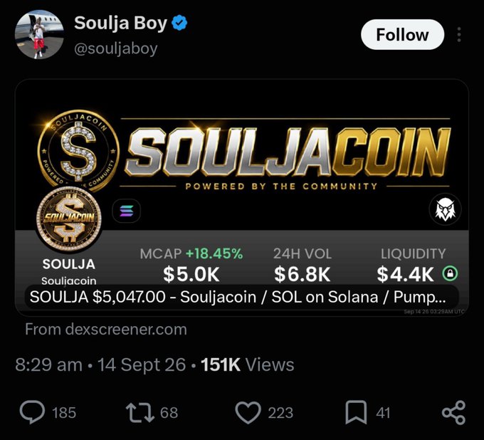 A screenshot of a tweet from verified user @souljaboy promoting 'SOULJACOIN' cryptocurrency with stats showing MCAP of $5.0K and 24H VOL of $6.8K.