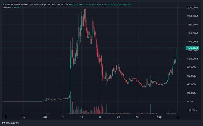 A TradingView chart of CASHCAT/WETH (Market Cap) on Uniswap shows a volatile 4-hour price action with a massive peak near 200M followed by a sharp decline to lows around 40M, now rebounding to 125.55M (+26.08%). The wild pump-and-dump pattern visually reinforces the post's mockery of a crypto influencer's poor market calls, suggesting their commentary was a buy-signal in reverse.