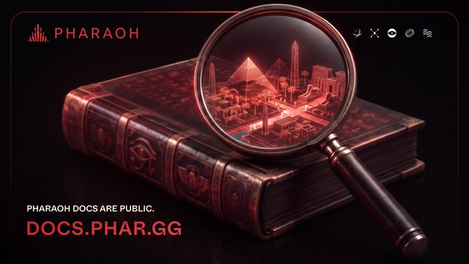 Promotional graphic for 'PHARAOH' featuring a magnifying glass revealing Egyptian pyramids and monuments above an ancient book, with the tagline 'PHARAOH DOCS ARE PUBLIC. DOCS.PHAR.GG'.