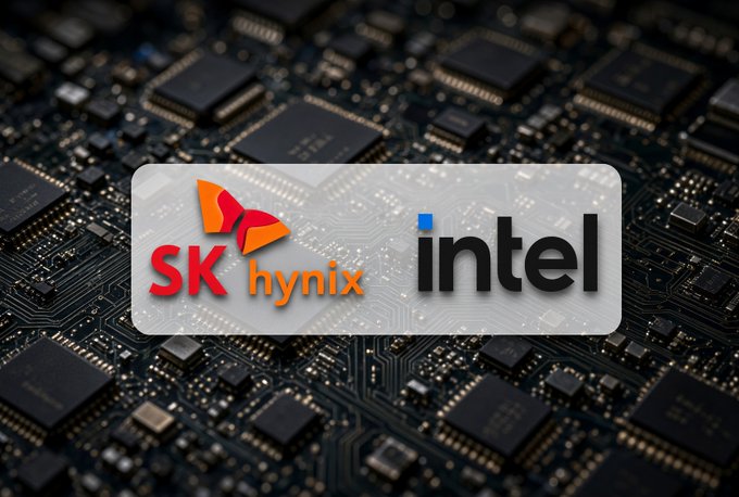 The image shows the SK Hynix and Intel logos overlaid on a close-up of a circuit board, visually representing the reported discussions between the two companies about potentially manufacturing memory chips in the United States, possibly at Intel's Ohio facility.