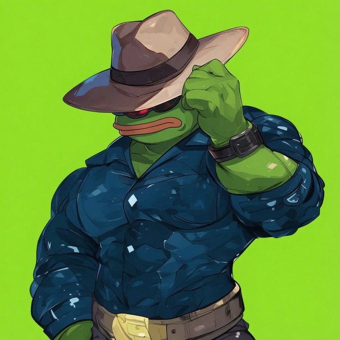 An illustration of a muscular Pepe the Frog wearing a brown fedora, sunglasses, and a dark blue shirt, adjusting his hat against a green background.