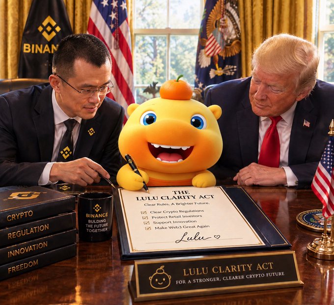 An AI-generated image showing Changpeng Zhao (CZ) and Donald Trump at the Resolute Desk signing 'THE LULU CLARITY ACT' document, featuring a yellow cartoon mascot and Binance branding with books labeled 'CRYPTO', 'REGULATION', 'INNOVATION', 'FREEDOM'.
