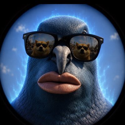 A surreal close-up of a blue bird-like face wearing black sunglasses, with its reflection in the lenses showing two cats.