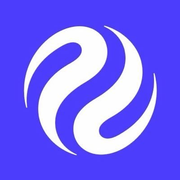 A simple logo design featuring a white stylized swirling or comma-shaped emblem centered on a solid blue background.